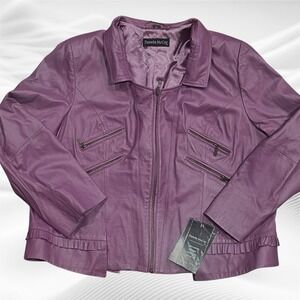 Pamela McCoy Purple Lavender 100% Genuine Leather Zip Up Jacket Size 3X Moto